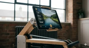 Close-up of a secure, adjustable tablet holder mounted on a water rowing machine with wooden finishes.