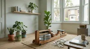 A minimalist wooden rower styled with indoor plants, a vintage radio, and an Emma Bridgewater mug in a contemporary interior.