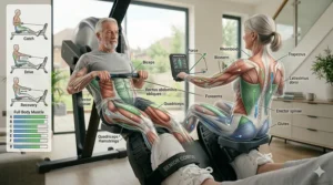 Illustration highlighting the muscle groups used during a row, focusing on back, legs, and core strength.