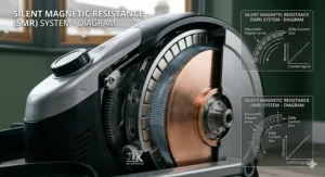 A detailed cutaway diagram of a Silent Magnetic Resistance (SMR) system, illustrating how eddy currents provide friction-less, quiet braking for home workouts.