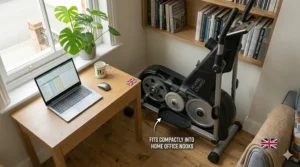 A compact cross trainer tucked neatly into a small home office corner next to a desk and bookshelf.