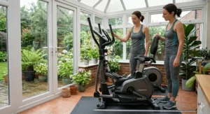 A photorealistic wide-angle illustration of the compact, space-saving design of a 2 in 1 cross trainer and exercise bike, highlighting its small footprint in a light-filled conservatory.