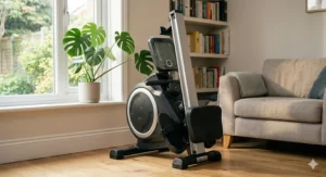 A compact magnetic rowing machine in a folded, space-saving position stored neatly in a typical UK living room.