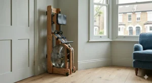 A wooden water rower stored vertically in the corner of a room next to a light-panelled door to save floor space in a UK home.