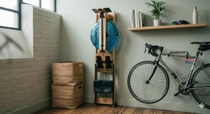 A water rower with a tablet attachment stored upright to save space in a compact British flat.