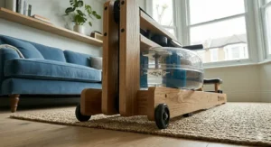 Close-up of the heavy-duty black caster wheels on the front of a wooden rower for easy movement across a hardwood floor.