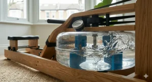 Detailed shot of the clear polycarbonate water resistance tank showing internal blue paddles and swirling water.