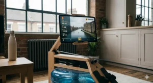 A tablet showing a virtual rowing programme on a water rower for an interactive home workout.