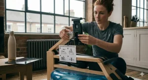 A person attaching a tablet holder bracket to the frame of a wooden water rower following a guide.