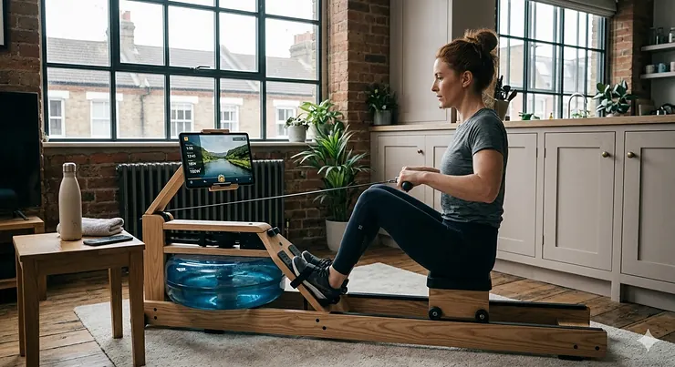 A premium wooden water rower with a tablet holder displaying a fitness app in a modern UK home gym. water rower with tablet holder for apps