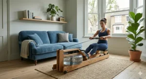 A woman in athletic wear exercising on a wooden water rower in a bright, airy British living room with high-end decor.