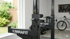 Close-up of the height adjustment pins and numbered uprights on a pair of telescopic independent squat stands in a home gym.