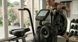 Illustration of the multi-way adjustable seat and non-slip handles on a heavy duty bike for optimal CrossFit form.