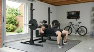 Independent squat stands lowered to the correct height for a lifter performing a barbell bench press on a flat weight bench.