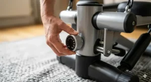 A person's hand adjusting the silver resistance dial on a mini stepper, demonstrating easy tension control.