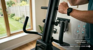 Illustration showing the adjustable handle height features suitable for different user sizes in a UK household.