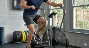 Alt text for image 2: Close-up of a fitness enthusiast using a fan bike, showing the full-body engagement required for high-intensity interval training.