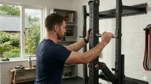 An athlete performing a controlled back squat using a wall mounted squat rack with a loaded Olympic barbell in a home fitness studio.
