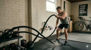 High-intensity battle ropes being used for a metabolic conditioning workout as a budget-friendly SkiErg alternative in a garage gym.