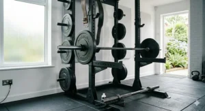 Adjustable weight bench and barbell positioned inside a half rack for a safe home barbell bench press workout.