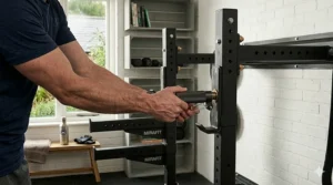 A wall mounted squat rack configured for bench press with an adjustable weight bench positioned between the uprights.