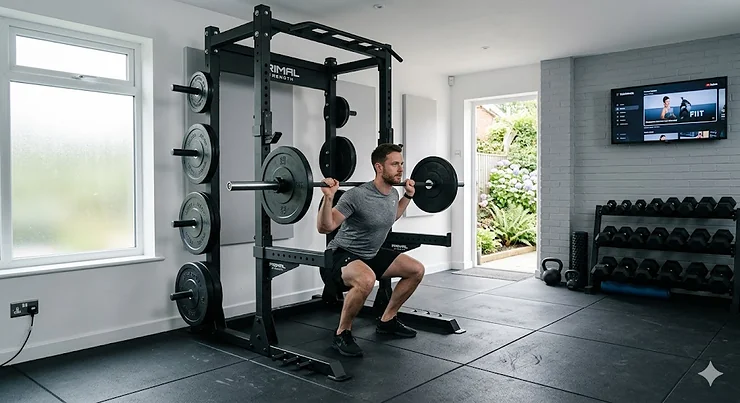 A high-quality half rack with integrated pull-up bar and weight plate storage in a modern UK garage home gym conversion. half rack for home gym