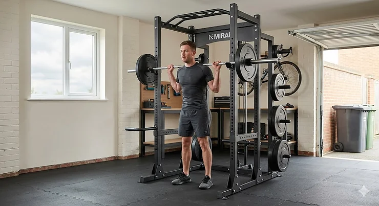 A heavy-duty power rack for a home gym setup in a UK garage, featuring a pull-up bar and safety spotter arms. power rack for home gym