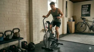 An athlete using an air bike for high-intensity interval training, representing a versatile and cheaper cardio alternative to a ski trainer.