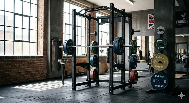 A heavy-duty commercial grade power rack with integrated pull-up bar and safety spotter arms in a professional UK strength and conditioning facility. commercial grade power rack