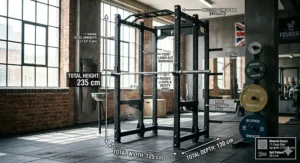 Technical drawing showing the height, width, and depth in centimetres for a commercial grade power rack footprint and floor plan.