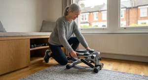 A woman easily storing a lightweight mini stepper in a wooden cupboard under a window seat.