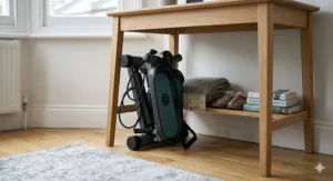 Compact twist stepper stored neatly under a light oak desk in a British flat, demonstrating space-saving design.