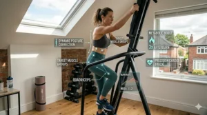 A vertical climbing machine folded away in the corner of a typical UK terraced house spare room.