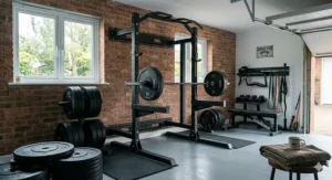 A foldable power rack paired with a weight bench and bumper plates in a converted UK outbuilding.