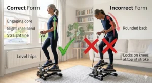 A comparison of correct and incorrect posture on a mini stepper to prevent knee pain during low impact exercise.