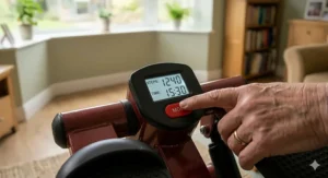 Easy-to-read LCD monitor on a mini stepper showing step count and time for elderly users to track their daily movement.