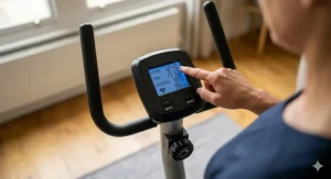 A digital monitor on a mini stepper tracking steps and time during a low impact workout for bad knees.
