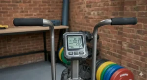 Alt text for image 5: View from the rider's perspective of the dual-action moving handlebars and digital monitor on an air bike.