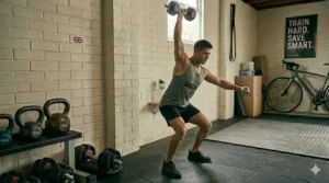 A person performing explosive single-arm dumbbell snatches as a functional strength and cardio alternative to using a SkiErg.