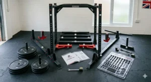 Exploded view of power rack frame parts and bolts for easy DIY home assembly.