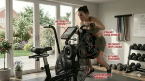 Diagram showing the simple maintenance points of a heavy duty assault bike for long-term use in a UK home.