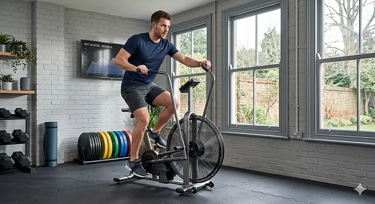 Alt text for image 1: A high-performance fan bike for HIIT workouts in a modern UK home gym with natural lighting and traditional sash windows. fan bike for HIIT workouts home gym
