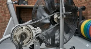Alt text for image 6: High-detail shot of the chain drive and steel fan blade mechanism that generates air resistance on a HIIT bike.