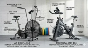 Alt text for image 9: A side-by-side comparison infographic highlighting the design differences between a fan bike and a traditional spin bike for HIIT programmes.