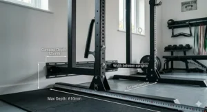 Diagram showing the compact footprint and height measurements of a folding power rack in metres.