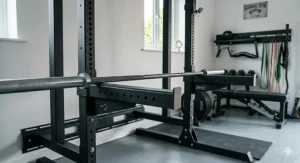 Steel safety spotter arms attached to a foldable power rack for secure solo weightlifting.