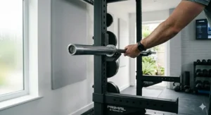 Close-up of adjustable steel spotter arms on a half rack providing safety for solo weightlifting at home.