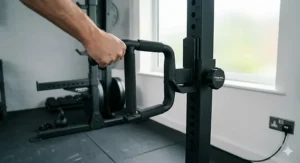 Removable dip station attachment secured to the upright of a versatile half rack for bodyweight training.