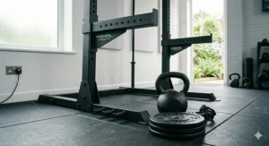 Detailed view of a half rack footprint showing its space-saving design for small UK home gym spaces.