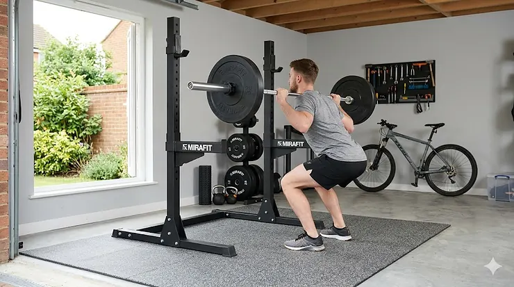 A man performing a back squat in a British garage home gym using heavy-duty black independent squat stands with natural daylight from a large window. independent squat stands